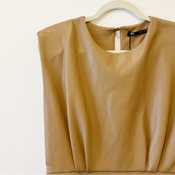 ZARA Faux Leather Padded Shoulder Mini Dress Womens Brown Sleeveless Size Large - Picture 8 of 15